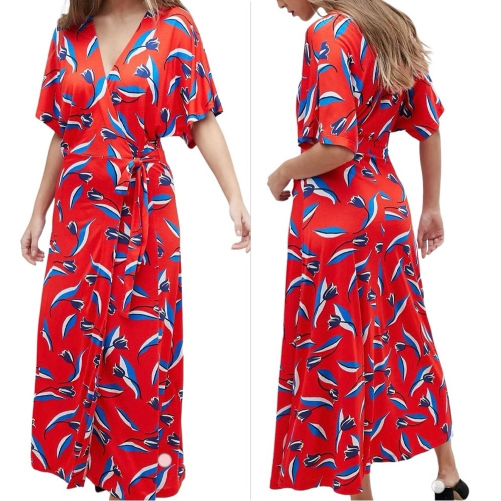Whistles Tulip Floral Wrap Maxi Dress Red Sz 4